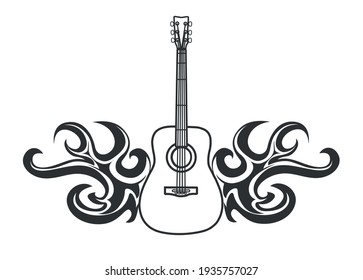 Vector emblem guitar with flame, black on a white background for tattoos and prints, music symbol silhouette