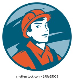 vector emblem with a half-figure builder in helmet