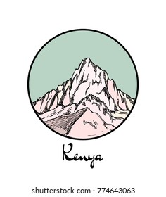 Vector emblem with hand drawn African mount Kenya. Ink drawing, graphic style. Perfect for travel, sport or spiritual designs.