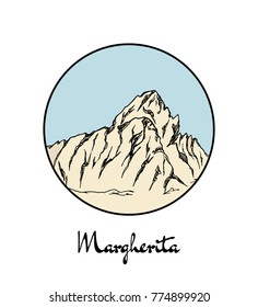 Vector emblem with hand drawn African mount Margherita. Ink drawing, graphic style. Perfect for travel, sport or spiritual designs.