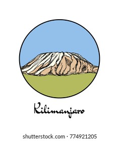 Vector emblem with hand drawn African mount Kilimanjaro. Ink drawing, graphic style. Perfect for travel, sport or spiritual designs.