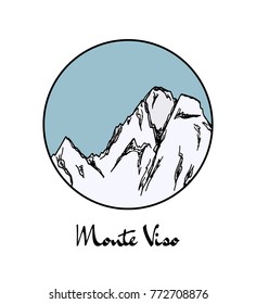 Vector emblem with hand drawn Alpine peak Monte Viso. Ink drawing, graphic style. Perfect for travel, sport or spiritual designs.