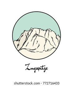 Vector emblem with hand drawn Alpine peak Zugspitze. Ink drawing, graphic style. Perfect for travel, sport or spiritual designs.