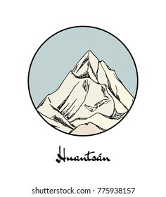 Vector emblem with hand drawn Andes mountain HuantsÃ¡n. Ink drawing, graphic style. Perfect for travel, sport or spiritual designs.