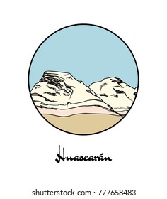 Vector emblem with hand drawn Andes mountain HuascarÃ¡n. Ink drawing, graphic style. Perfect for travel, sport or spiritual designs.