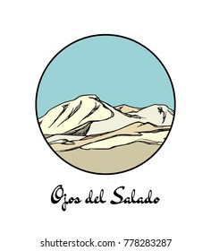 Vector emblem with hand drawn Andes mountain Ojos del Salado. Ink drawing, graphic style. Perfect for travel, sport or spiritual designs.