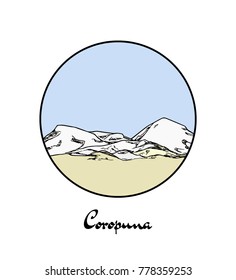 Vector emblem with hand drawn Andes volcano Coropuna. Ink drawing, graphic style. Perfect for travel, sport or spiritual designs.