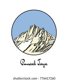 Vector emblem with hand drawn Asian peak Puncak Jaya. Ink drawing, graphic style. Perfect for travel, sport or spiritual designs.