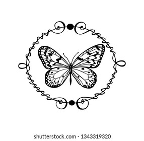 Vector emblem with hand drawn butterfly in vintage frame. Ink drawing, graphic style. Beautiful design elements.