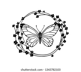 Vector emblem with hand drawn butterfly in floral wreath. Ink drawing, graphic style. Beautiful design elements.