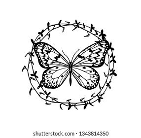 Vector emblem with hand drawn butterfly in floral wreath. Ink drawing, graphic style. Beautiful design elements.