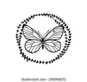 Vector emblem with hand drawn butterfly in floral wreath. Ink drawing, graphic style. Beautiful design elements.