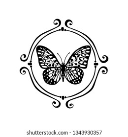 Vector emblem with hand drawn butterfly in vintage frame. Ink drawing, graphic style. Beautiful design elements.