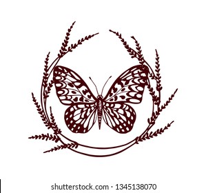 Vector emblem with hand drawn butterfly in floral wreath. Ink drawing, graphic style. Beautiful design elements.