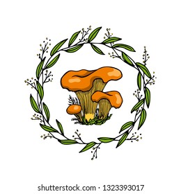 Vector emblem with hand drawn chanterelle mushroom a in floral wreath. Ink drawing, graphic style. Beautiful design elements.