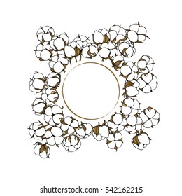 Vector emblem with hand drawn cotton flowers. Beautiful design elements, round layout.