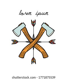 Vector emblem with hand drawn crossed axes and arrow feathering. Heavy contour, graphic style. Beautiful surviving design elements