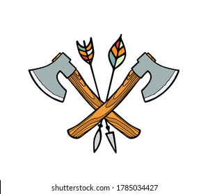 Vector emblem with hand drawn crossed axes and tribal arrows. Heavy contour, graphic style. Beautiful surviving design elements