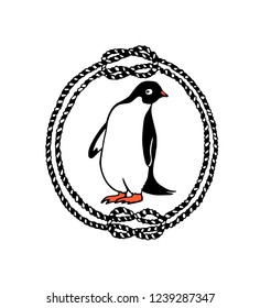 Vector emblem of hand drawn cute penguin in rope wreath. Ink drawing, beautiful animal design elements.