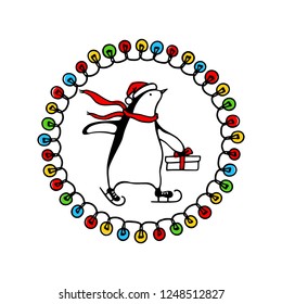 Vector emblem with hand drawn cute penguin skating on ice in Santa's hat in festive garland. Ink drawing, funny illustration, beautiful Christmas design elements.