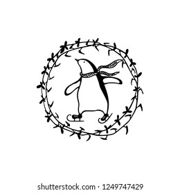 Vector emblem with hand drawn cute penguin skating on ice in knitted scarf in floral wreath. Ink drawing, funny illustration, beautiful winter sport design elements.