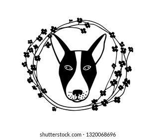 Vector emblem of hand drawn cute dog in floral wreath. Ink drawing, beautiful animal design elements.