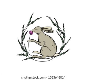 Vector emblem of hand drawn cute hare smelling a pink flower in floral wreath. Perfect design elements, beautiful animal illustration