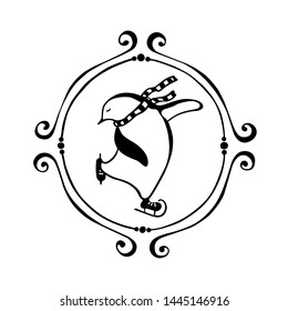 Vector emblem with hand drawn cute penguin skating on ice with striped scarf in vintage frame. Ink drawing, funny illustration, beautiful winter sport design elements.