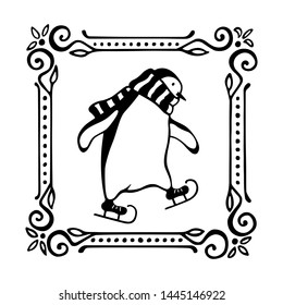 Vector emblem with hand drawn cute penguin skating on ice with striped scarf in vintage frame. Ink drawing, funny illustration, beautiful winter sport design elements.