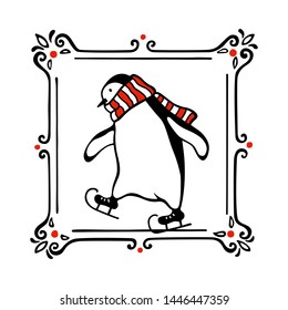 Vector emblem with hand drawn cute penguin skating on ice with red striped scarf in vintage frame. Ink drawing, funny illustration, beautiful winter sport design elements.