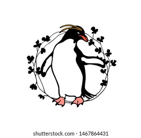 Vector emblem with hand drawn cute Macaroni penguin in floral wreath. Ink drawing, funny illustration, beautiful animal design elements.