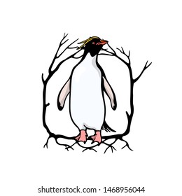 Vector emblem with hand drawn cute Macaroni penguin in floral wreath. Ink drawing, funny illustration, beautiful animal design elements.