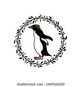 Vector emblem with hand drawn cute Macaroni penguin in floral wreath. Ink drawing, funny illustration, beautiful animal design elements.