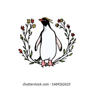 Vector emblem with hand drawn cute Macaroni penguin in floral wreath. Ink drawing, funny illustration, beautiful animal design elements.