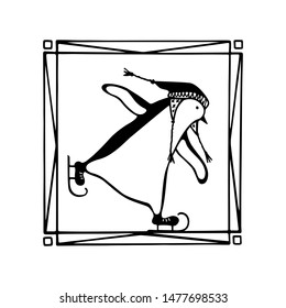 Vector emblem with hand drawn cute penguin skating on ice with knitted hat in vintage frame. Ink drawing, funny illustration, beautiful winter sport design elements.