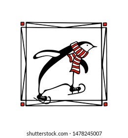 Vector emblem with hand drawn cute penguin skating on ice with striped scarf in vintage frame. Ink drawing, funny illustration, beautiful winter sport design elements.