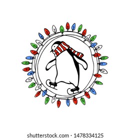 Vector emblem with hand drawn cute penguin skating on ice with striped scarf in festive garland. Ink drawing, funny Chrictmas or New Year illustration, beautiful winter sport design elements.