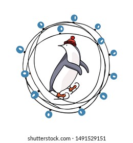 Vector emblem with hand drawn cute penguin skating on ice in festive garland. Ink drawing, funny Christmas or New Year illustration, beautiful winter design elements.