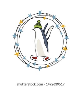 Vector emblem with hand drawn cute penguin skating on ice in festive garland. Ink drawing, funny Christmas or New Year illustration, beautiful winter sport design elements.