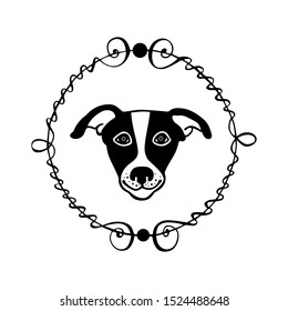 Vector emblem of hand drawn cute greyhound in vintage frame. Ink drawing, beautiful animal design elements.