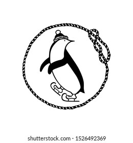 Vector emblem with hand drawn cute penguin skating on ice in nautical rope frame. Ink drawing, funny nautical illustration, beautiful winter sport design elements.