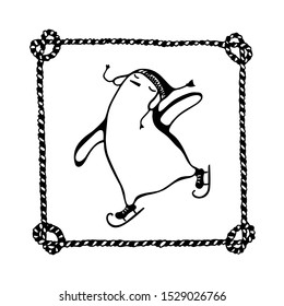Vector emblem with hand drawn cute penguin skating on ice in nautical rope frame. Ink drawing, funny nautical illustration, beautiful winter sport design elements.