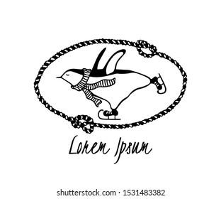 Vector emblem with hand drawn cute penguin skating on ice in nautical rope frame. Ink drawing, funny nautical illustration, beautiful winter sport design elements.