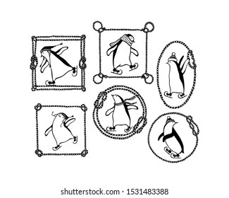 Vector emblem with hand drawn cute penguins skating on ice in nautical rope frames. Ink drawing, funny nautical illustration, beautiful winter sport design elements.