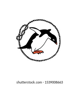 Vector emblem with hand drawn cute penguin in nautical rope frame. Ink drawing, funny nautical illustration, beautiful marine animal design elements.