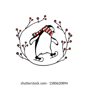 Vector emblem with hand drawn cute penguin skating on ice in striped scarf in red cedar wreath. Ink drawing, funny illustration, beautiful winter sport design elements.