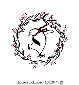 Vector emblem with hand drawn cute penguin skating on ice in striped scarf in red cedar wreath. Ink drawing, funny illustration, beautiful winter sport design elements.