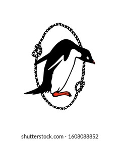 Vector emblem with hand drawn cute penguin in nautical rope frame. Ink drawing, funny nautical illustration, beautiful marine animal design elements.
