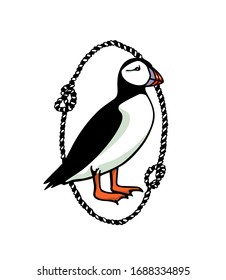 Vector emblem with hand drawn cute puffin in nautical rope frame. Ink drawing, funny nautical illustration, beautiful marine animal design elements.