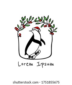 Vector emblem with hand drawn cute penguin skating on ice in red hat in floral berry wreath. Ink drawing, funny illustration, beautiful winter sport design elements.